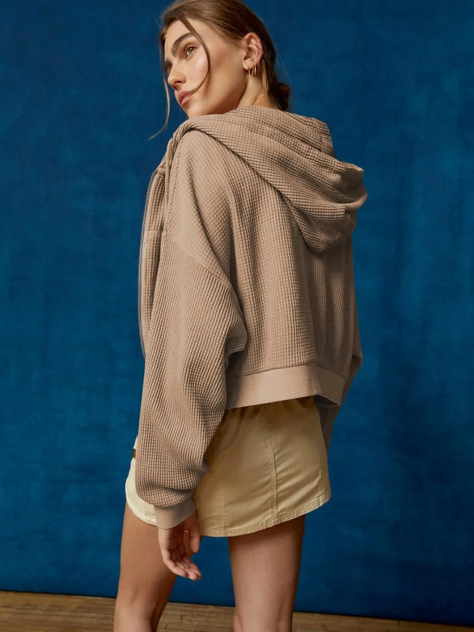 Womens Waffle Cropped Zip Up Hoodie Fashion Casual Jacket Y2K Clothes S-XL