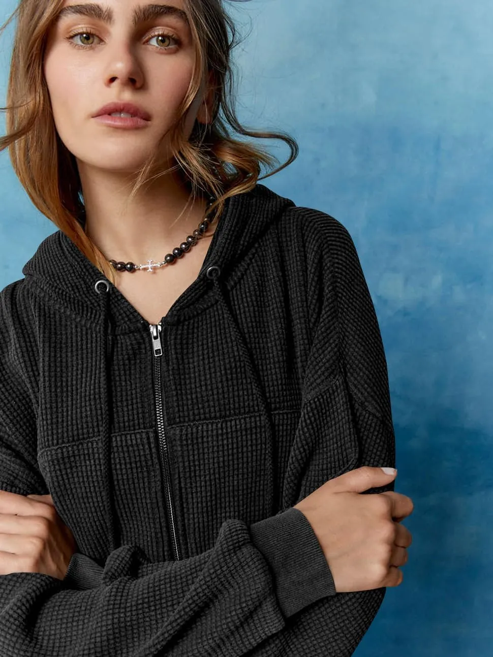 Womens Waffle Cropped Zip Up Hoodie Fashion Casual Jacket Y2K Clothes S-XL