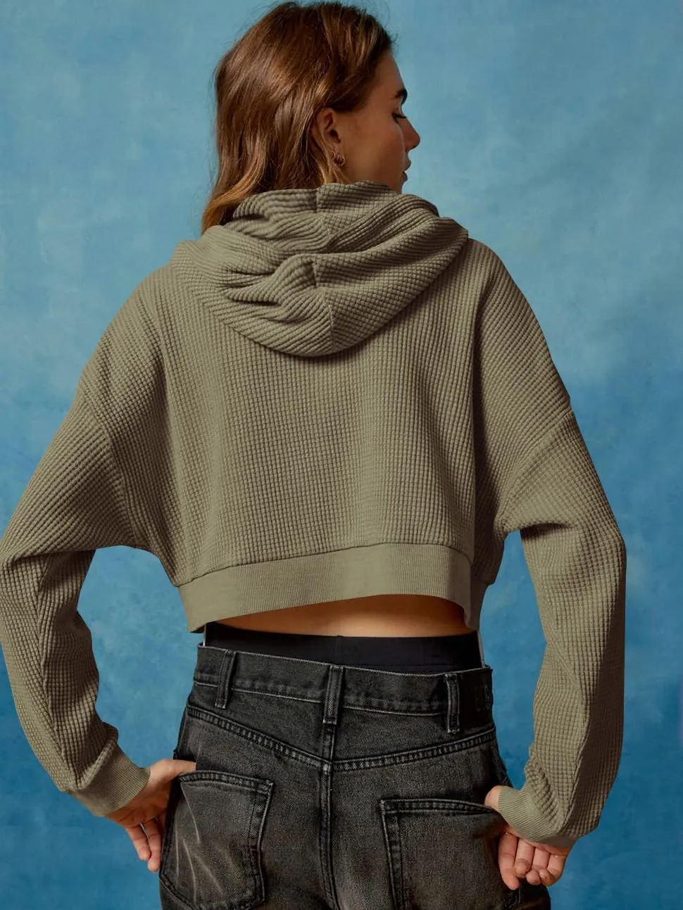 Womens Waffle Cropped Zip Up Hoodie Fashion Casual Jacket Y2K Clothes S-XL