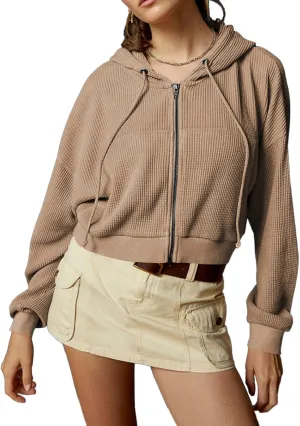 Womens Waffle Cropped Zip Up Hoodie Fashion Casual Jacket Y2K Clothes S-XL