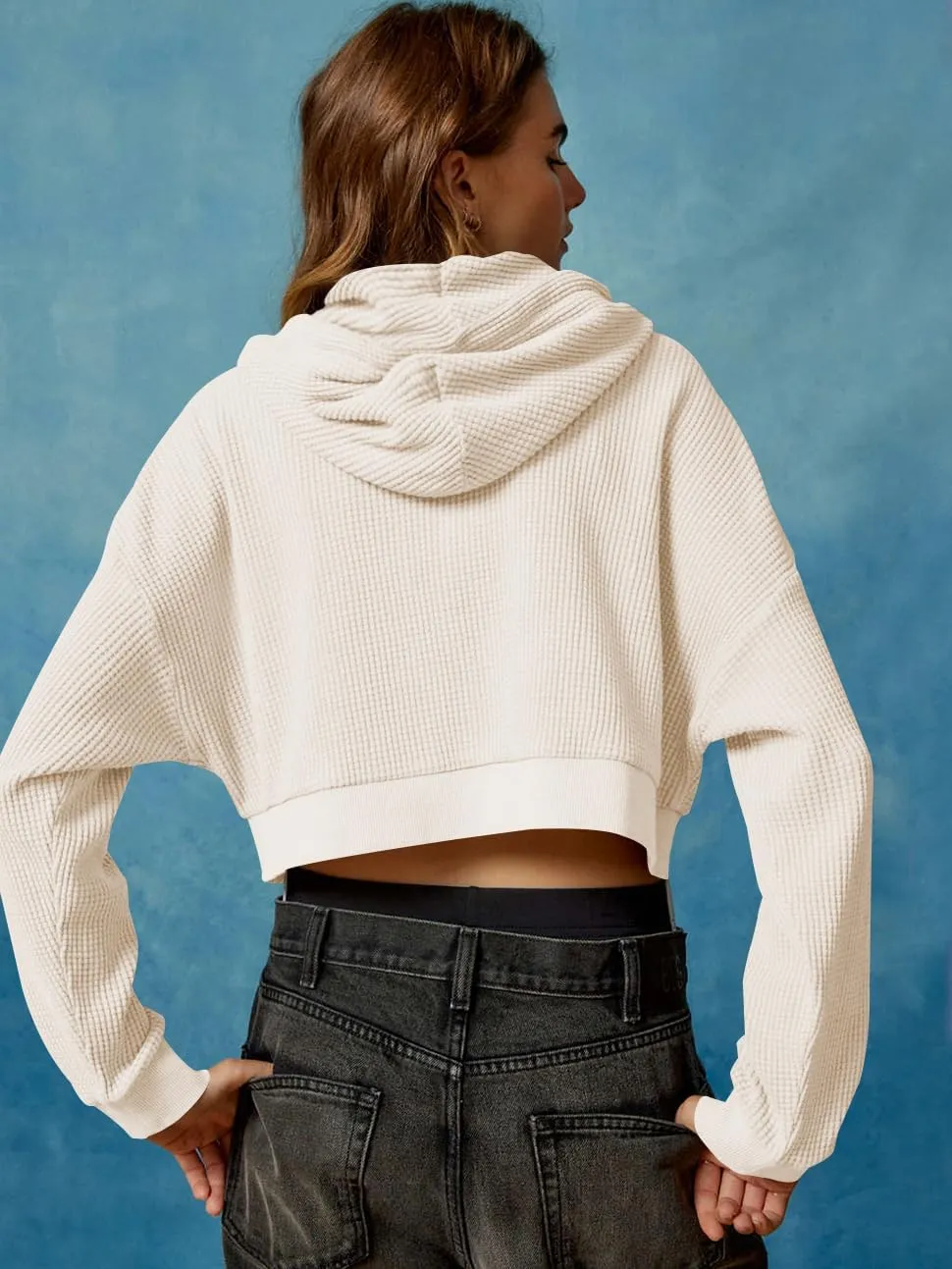 Womens Waffle Cropped Zip Up Hoodie Fashion Casual Jacket Y2K Clothes S-XL