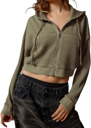Womens Waffle Cropped Zip Up Hoodie Fashion Casual Jacket Y2K Clothes S-XL