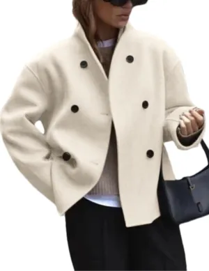 Womens Wool Blend Shacket Jackets Stand Collar Long Sleeve Double Breasted Pea Coat