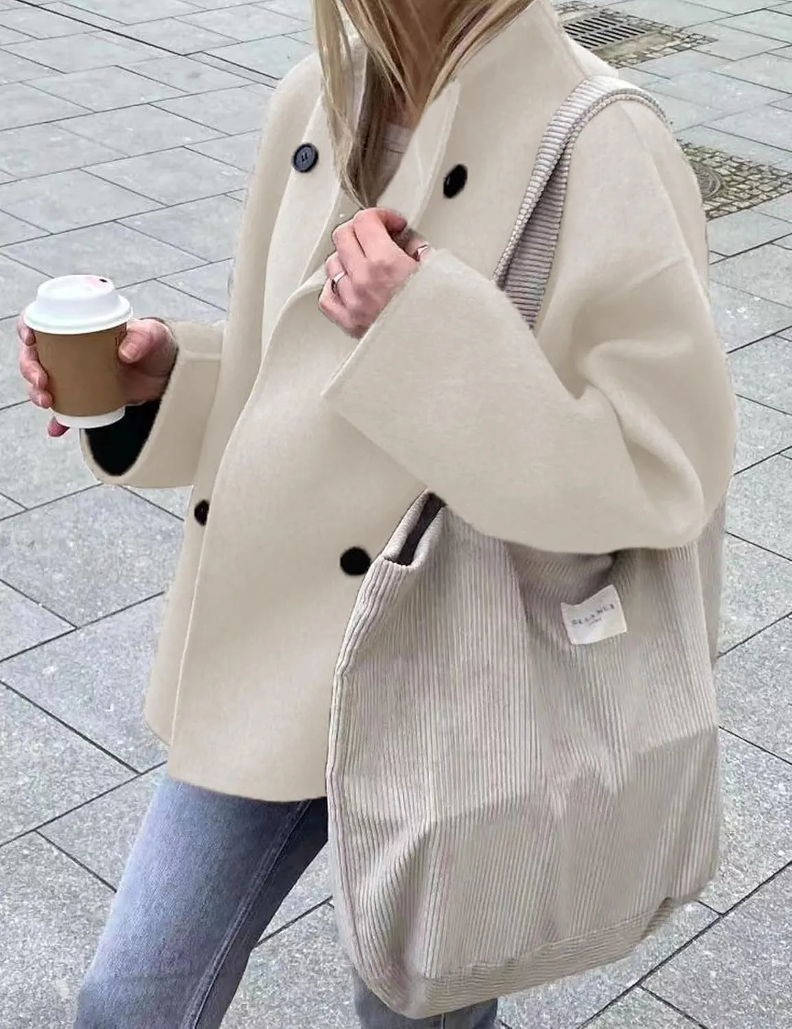 Womens Wool Blend Shacket Jackets Stand Collar Long Sleeve Double Breasted Pea Coat