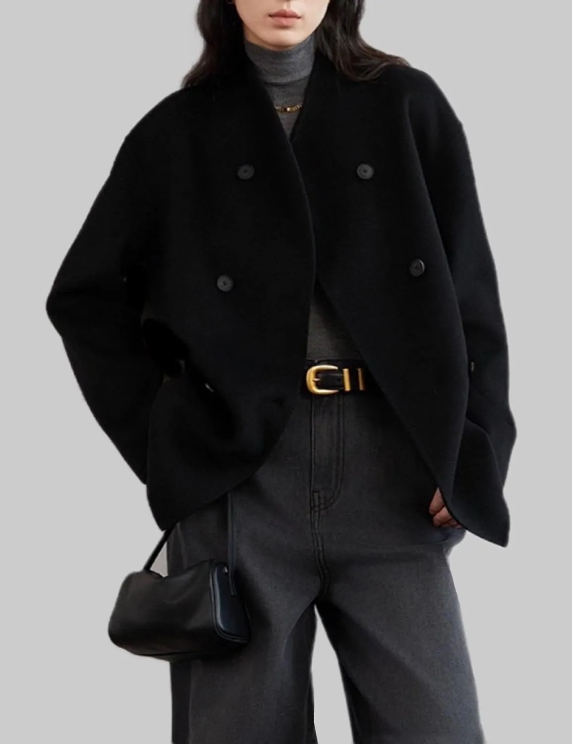 Womens Wool Blend Shacket Jackets Stand Collar Long Sleeve Double Breasted Pea Coat