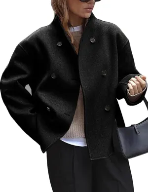 Womens Wool Blend Shacket Jackets Stand Collar Long Sleeve Double Breasted Pea Coat