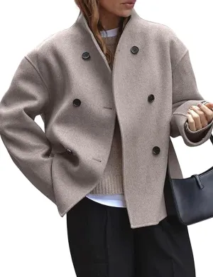 Womens Wool Blend Shacket Jackets Stand Collar Long Sleeve Double Breasted Pea Coat