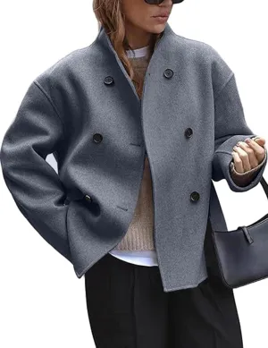 Womens Wool Blend Shacket Jackets Stand Collar Long Sleeve Double Breasted Pea Coat