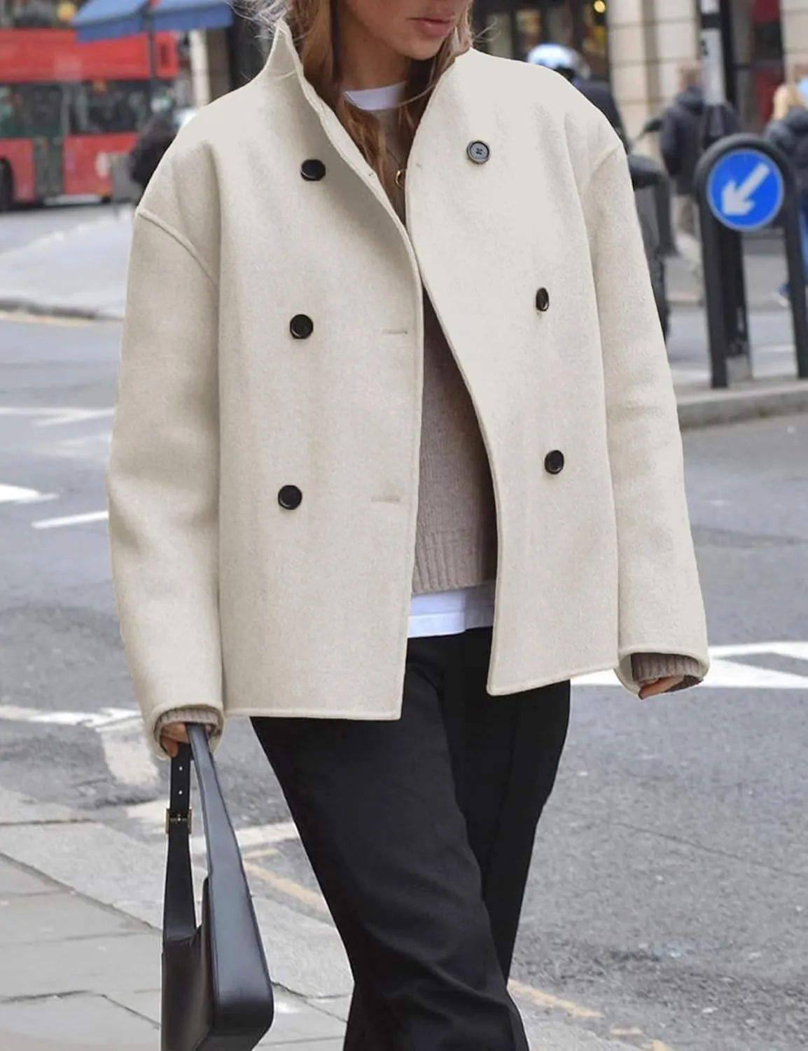 Womens Wool Blend Shacket Jackets Stand Collar Long Sleeve Double Breasted Pea Coat
