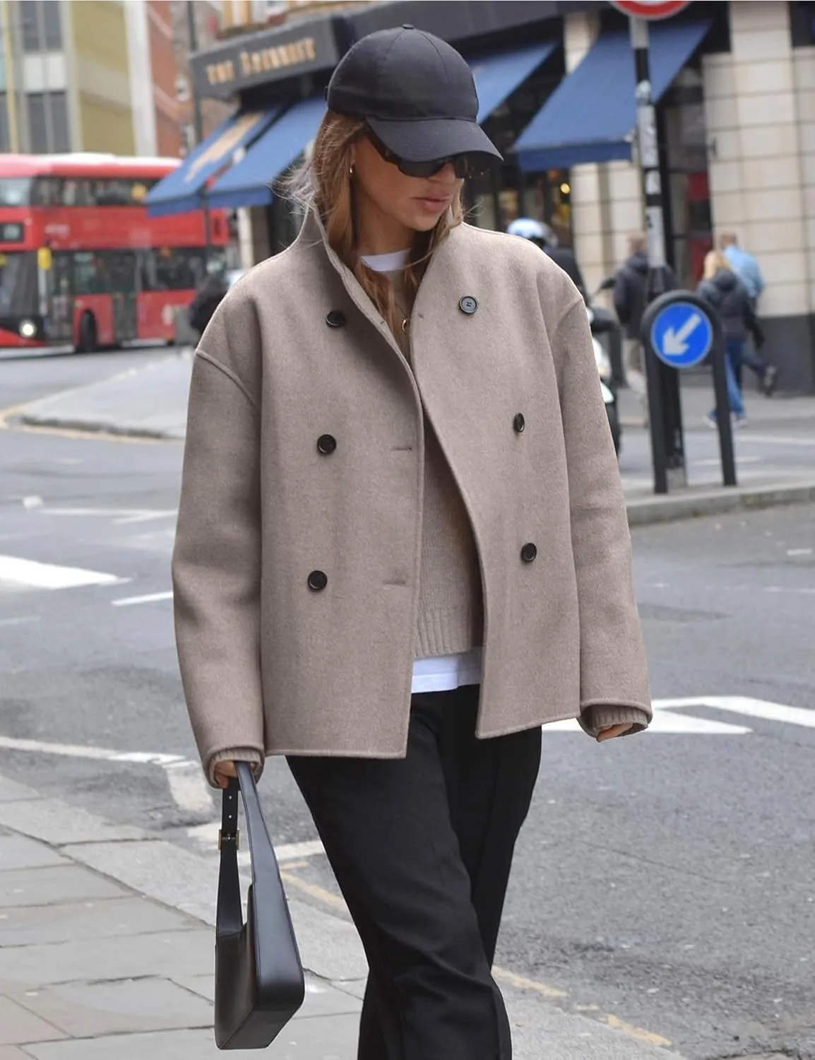 Womens Wool Blend Shacket Jackets Stand Collar Long Sleeve Double Breasted Pea Coat