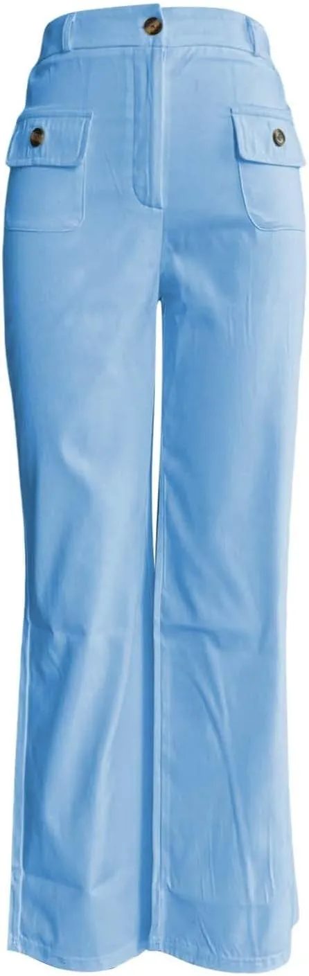Womens Work Business Dressy Pants Trendy High-Waisted Wide-Leg Stretch Flowy Trouser Front Pockets Button Casual Pant