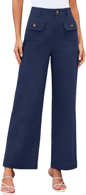 Womens Work Business Dressy Pants Trendy High-Waisted Wide-Leg Stretch Flowy Trouser Front Pockets Button Casual Pant