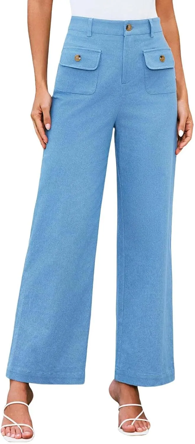Womens Work Business Dressy Pants Trendy High-Waisted Wide-Leg Stretch Flowy Trouser Front Pockets Button Casual Pant