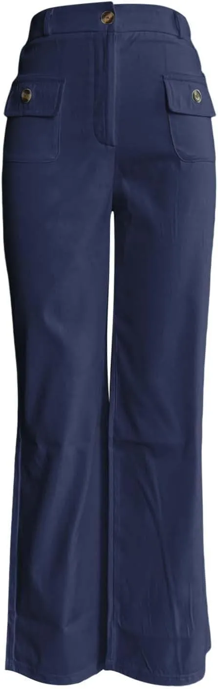 Womens Work Business Dressy Pants Trendy High-Waisted Wide-Leg Stretch Flowy Trouser Front Pockets Button Casual Pant