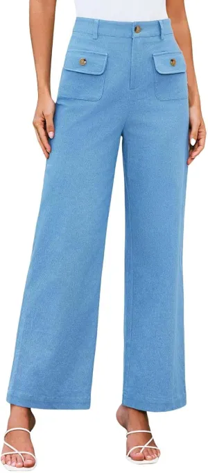 Womens Work Business Dressy Pants Trendy High-Waisted Wide-Leg Stretch Flowy Trouser Front Pockets Button Casual Pant