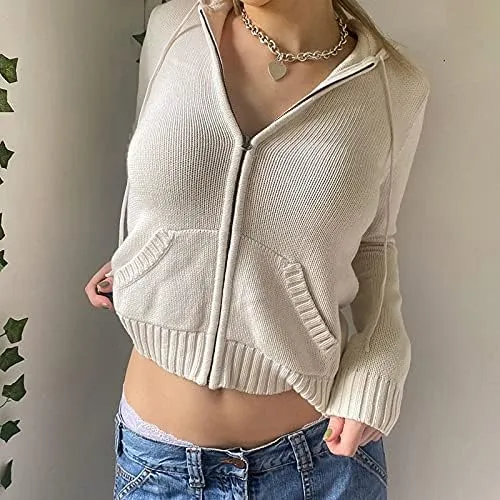 Womens Zip Up Hoodie Coquette Aesthetic Cropped Plain Hoodie Y2k Sweater Grunge Sweatshirt Jacket Fairycore Clothes