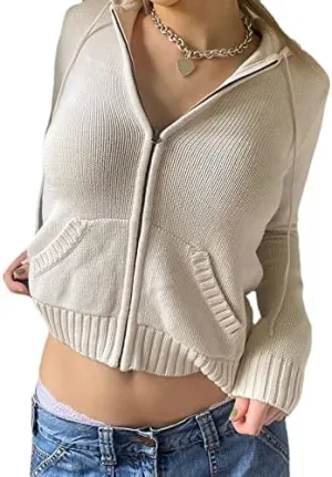 Womens Zip Up Hoodie Coquette Aesthetic Cropped Plain Hoodie Y2k Sweater Grunge Sweatshirt Jacket Fairycore Clothes