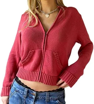 Womens Zip Up Hoodie Coquette Aesthetic Cropped Plain Hoodie Y2k Sweater Grunge Sweatshirt Jacket Fairycore Clothes