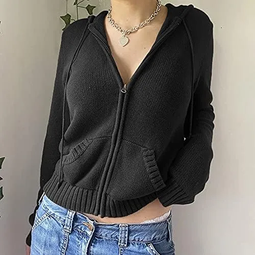 Womens Zip Up Hoodie Coquette Aesthetic Cropped Plain Hoodie Y2k Sweater Grunge Sweatshirt Jacket Fairycore Clothes