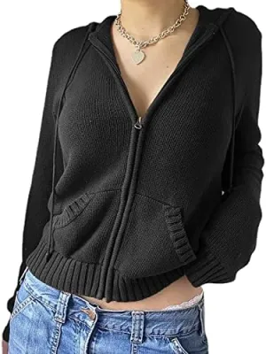 Womens Zip Up Hoodie Coquette Aesthetic Cropped Plain Hoodie Y2k Sweater Grunge Sweatshirt Jacket Fairycore Clothes