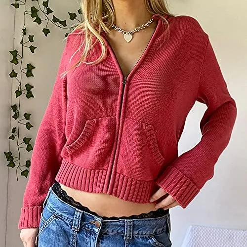 Womens Zip Up Hoodie Coquette Aesthetic Cropped Plain Hoodie Y2k Sweater Grunge Sweatshirt Jacket Fairycore Clothes