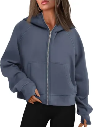 Womens Zip Up Hoodie Cropped Sweatshirts Thumb Hole Fleece Jackets with Pockets Trendy Fall Outfits Workout Coat