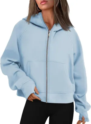 Womens Zip Up Hoodie Cropped Sweatshirts Thumb Hole Fleece Jackets with Pockets Trendy Fall Outfits Workout Coat