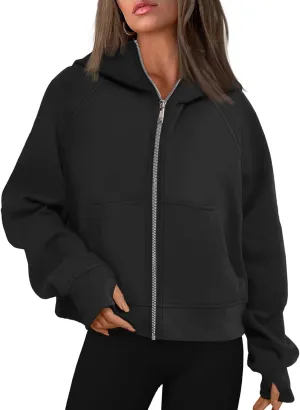 Womens Zip Up Hoodie Cropped Sweatshirts Thumb Hole Fleece Jackets with Pockets Trendy Fall Outfits Workout Coat
