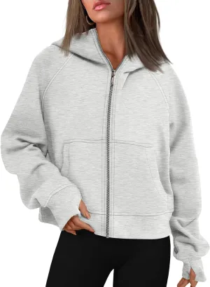 Womens Zip Up Hoodie Cropped Sweatshirts Thumb Hole Fleece Jackets with Pockets Trendy Fall Outfits Workout Coat