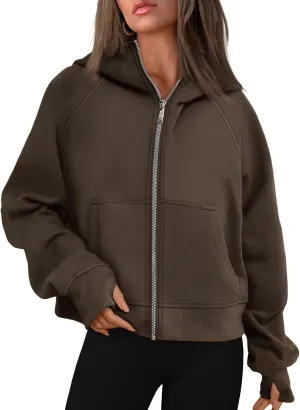 Womens Zip Up Hoodie Cropped Sweatshirts Thumb Hole Fleece Jackets with Pockets Trendy Fall Outfits Workout Coat
