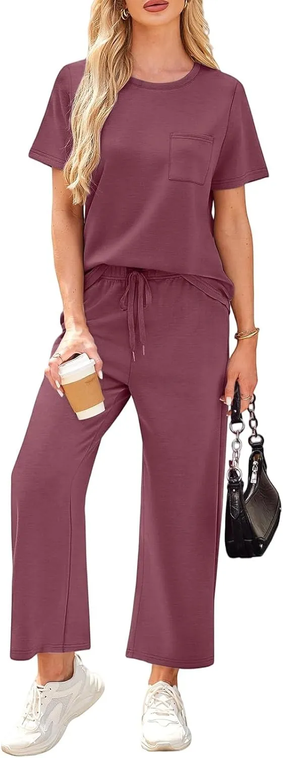 Workout Sets for Women 2025 Summer Outfits Sport Lounge Short Sleeve Wide Leg Pants Clothing Travel Fitness Sets