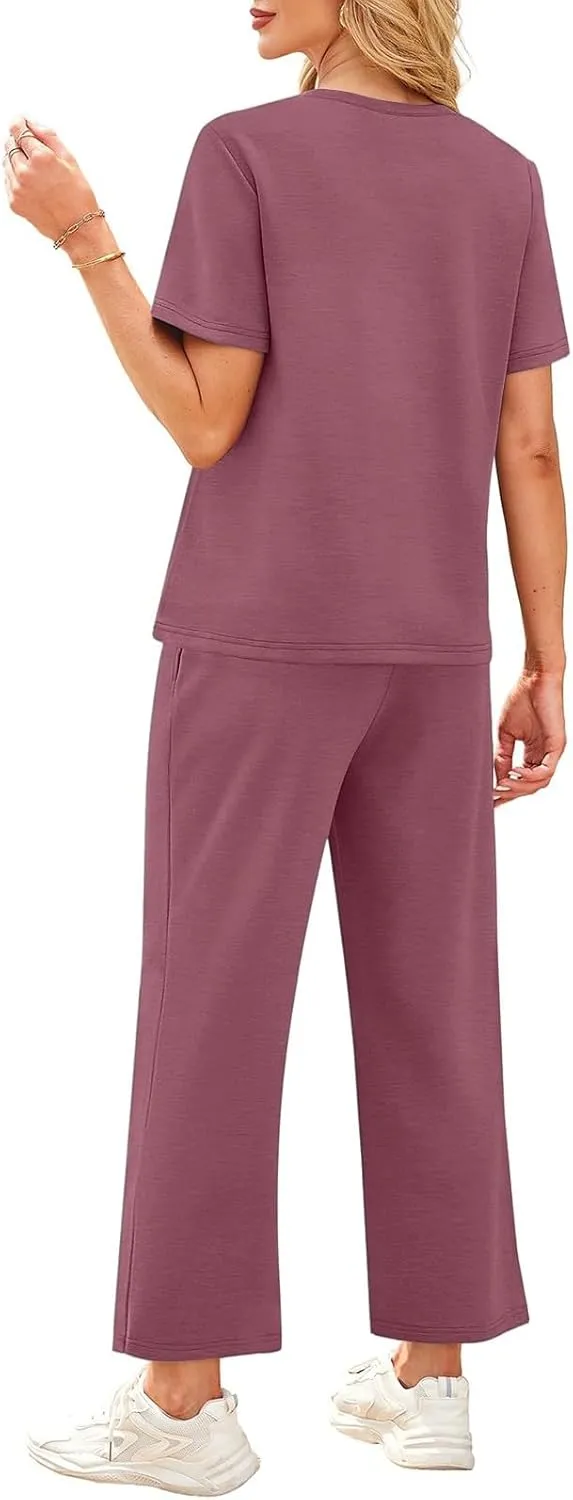 Workout Sets for Women 2025 Summer Outfits Sport Lounge Short Sleeve Wide Leg Pants Clothing Travel Fitness Sets