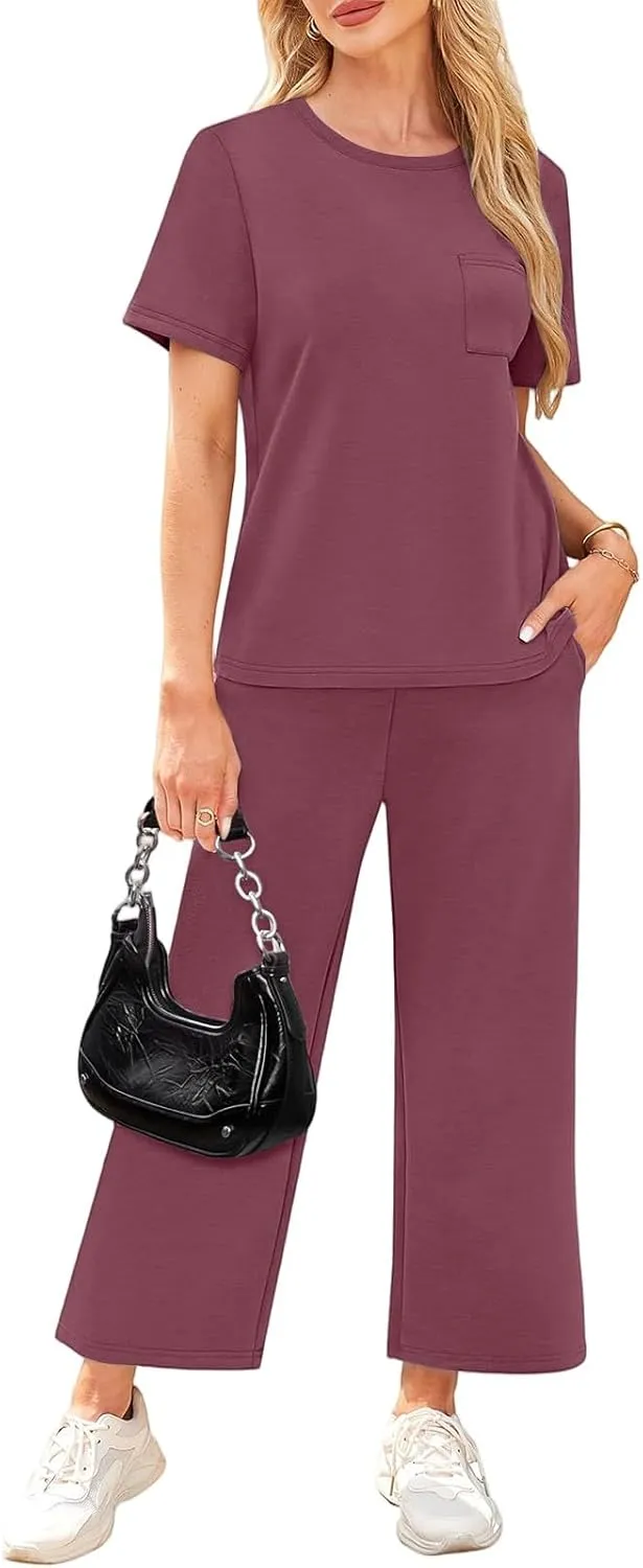 Workout Sets for Women 2025 Summer Outfits Sport Lounge Short Sleeve Wide Leg Pants Clothing Travel Fitness Sets