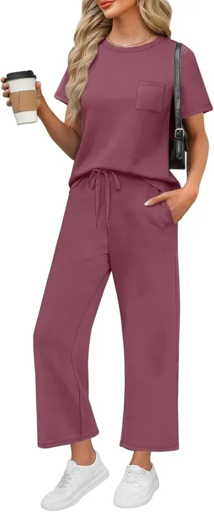Workout Sets for Women 2025 Summer Outfits Sport Lounge Short Sleeve Wide Leg Pants Clothing Travel Fitness Sets
