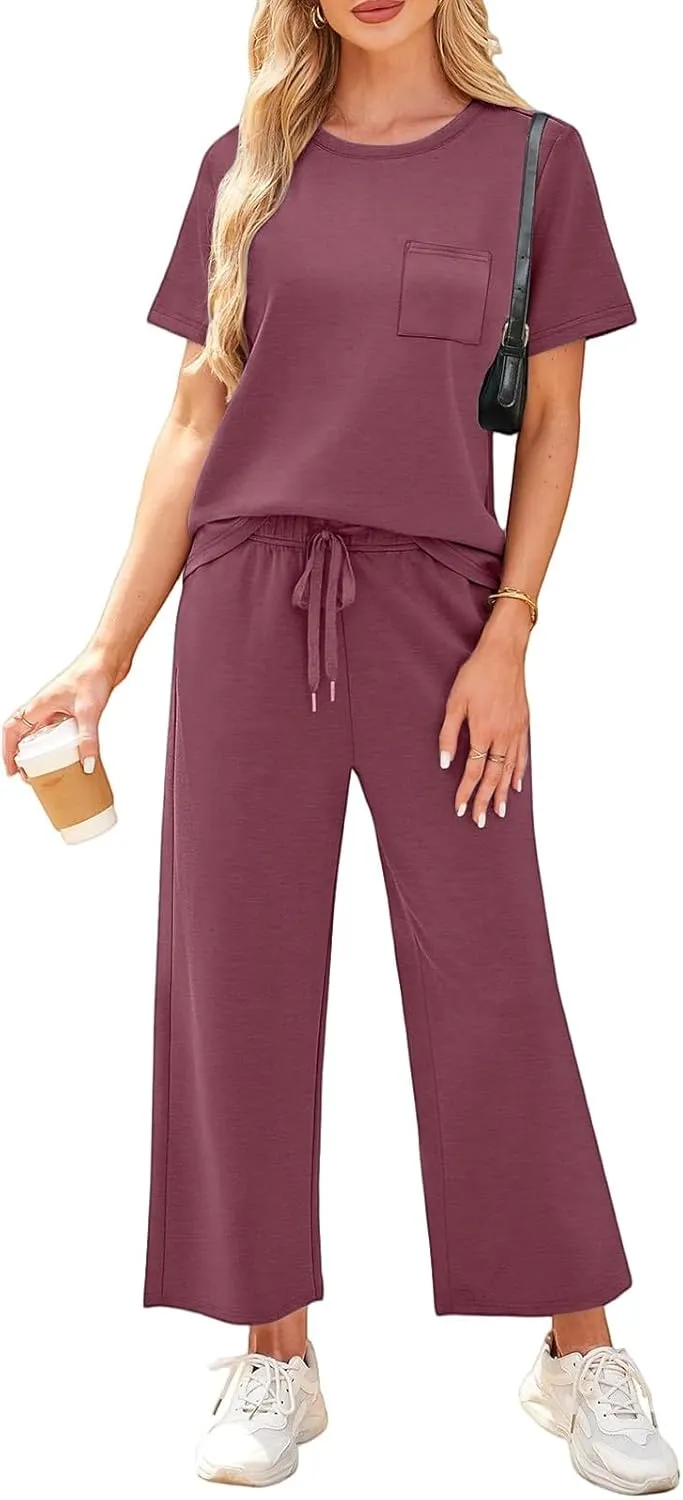 Workout Sets for Women 2025 Summer Outfits Sport Lounge Short Sleeve Wide Leg Pants Clothing Travel Fitness Sets