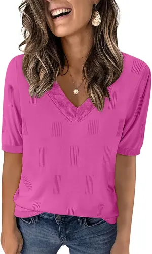 Yincro Womens Short Sleeve Sweaters Fall Summer Tops V Neck Lightweight Knit Pullovers