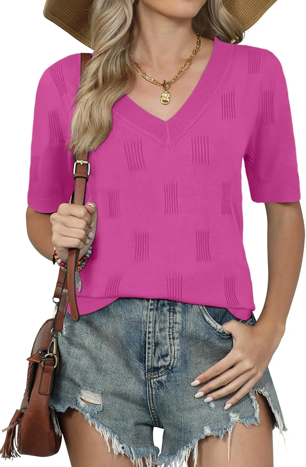 Yincro Womens Short Sleeve Sweaters Fall Summer Tops V Neck Lightweight Knit Pullovers