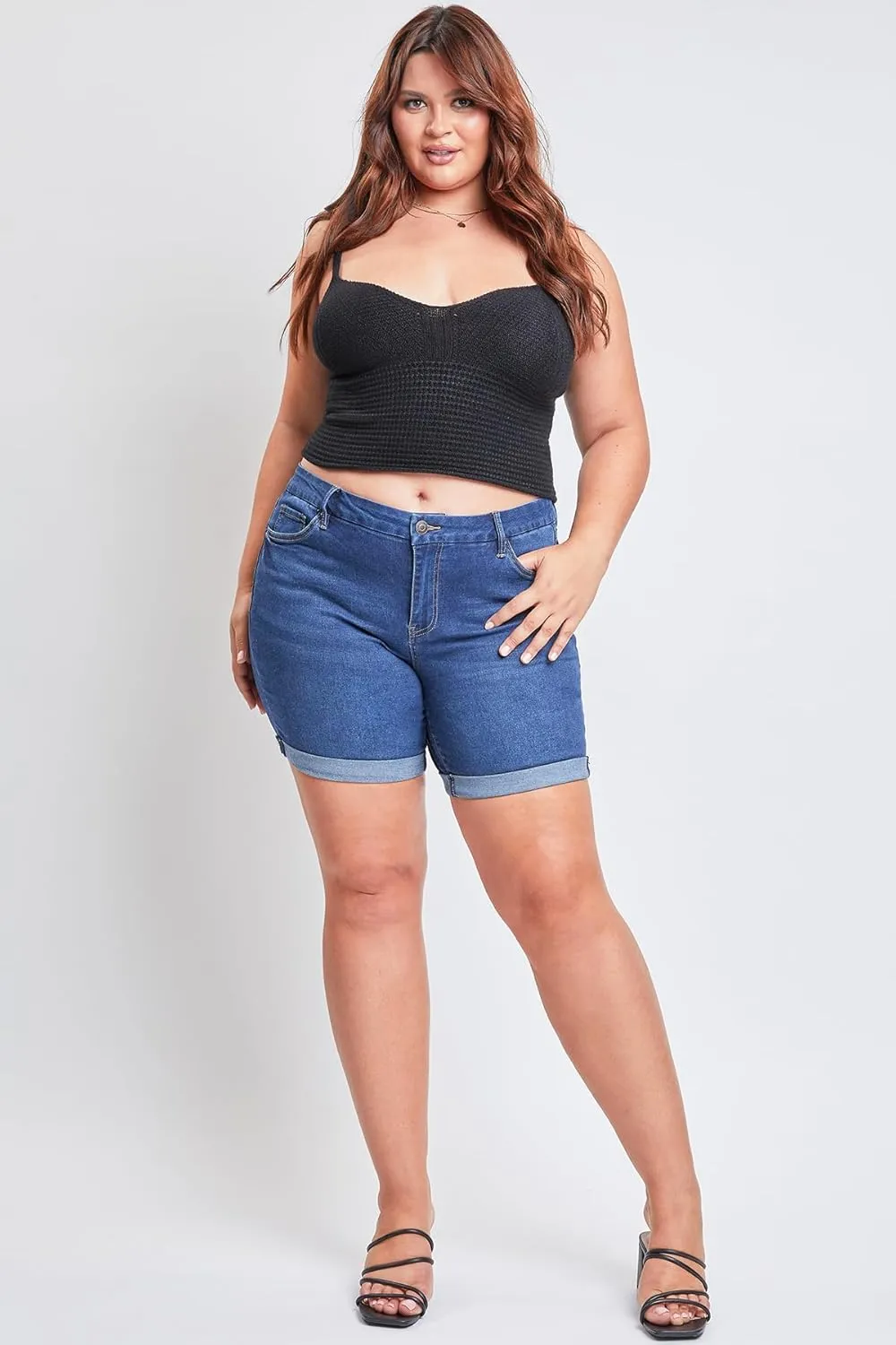 YMI Women's Plus Size Curvy Fit High Rise Shorts with Rolled Cuffs