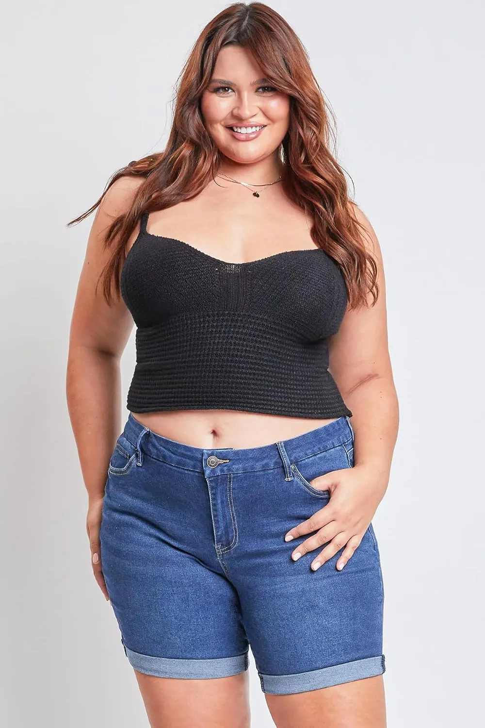 YMI Women's Plus Size Curvy Fit High Rise Shorts with Rolled Cuffs