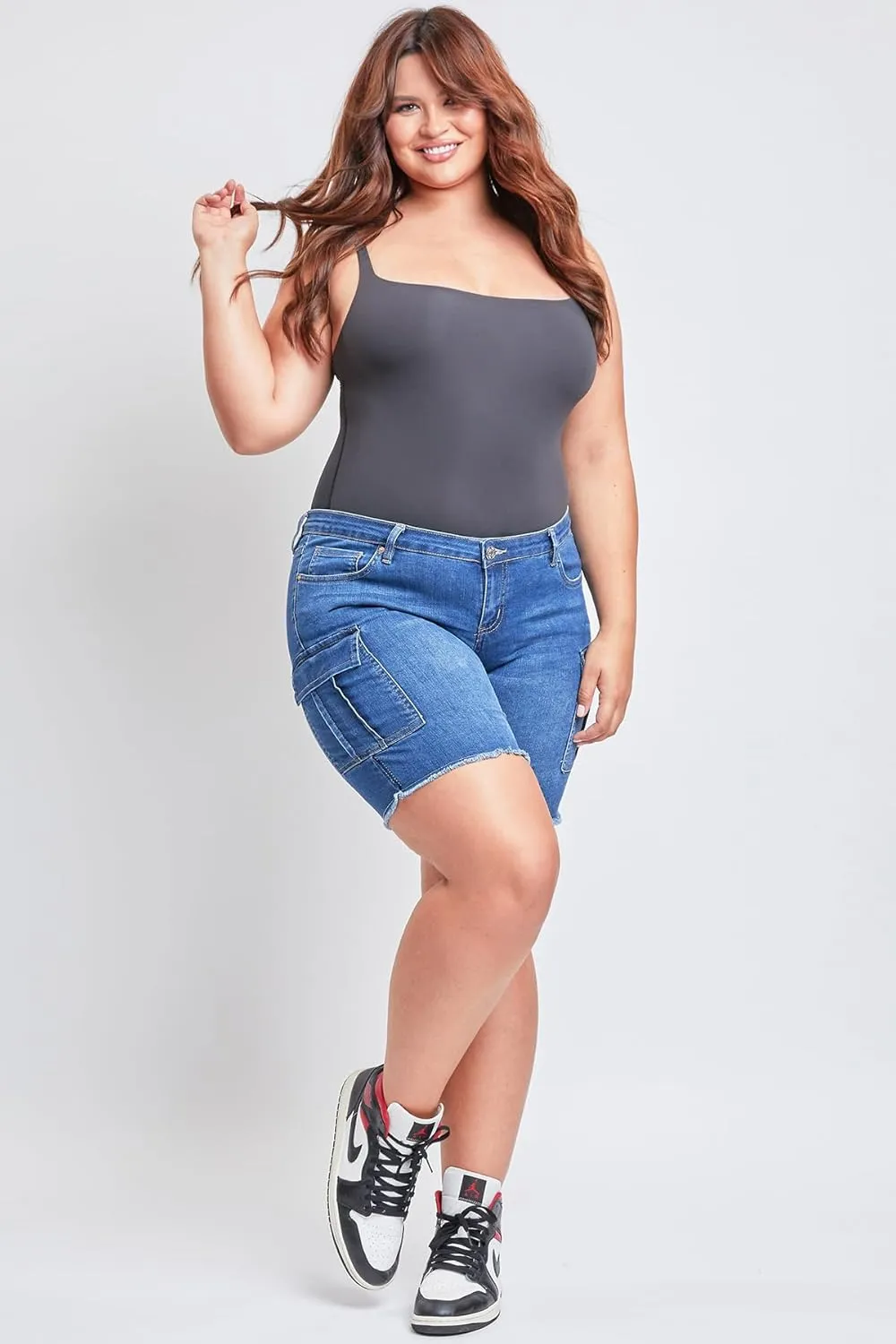 YMI Women's Plus Size Low Rise Frayed Cargo Bermuda Shorts