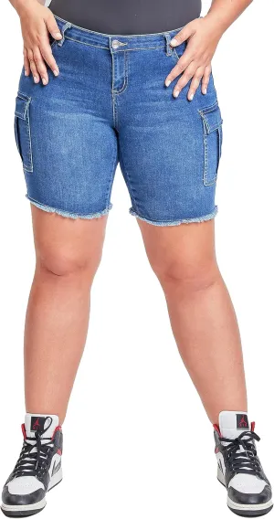 YMI Women's Plus Size Low Rise Frayed Cargo Bermuda Shorts