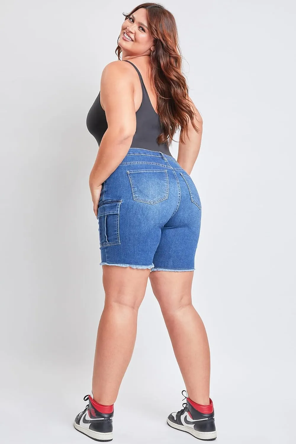 YMI Women's Plus Size Low Rise Frayed Cargo Bermuda Shorts