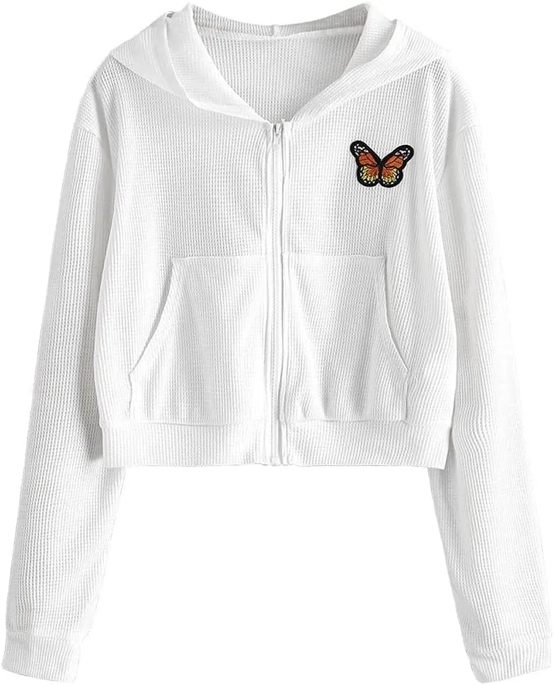 ZAFUL Women's Zip Up Thin Hoodies Long Sleeve Casual Plaid Hoodie Jacket Drop Shoulder Cropped Hooded Sweatshirt