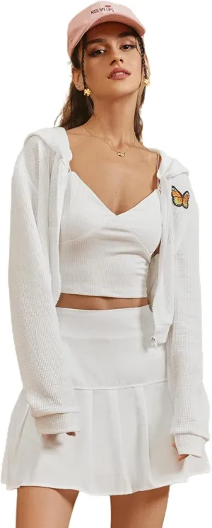 ZAFUL Women's Zip Up Thin Hoodies Long Sleeve Casual Plaid Hoodie Jacket Drop Shoulder Cropped Hooded Sweatshirt